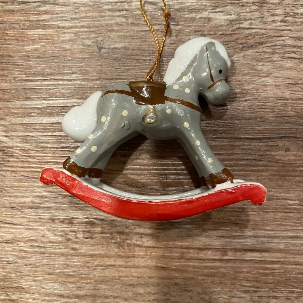 Vintage Kurt Adler Brown Tabby Cat and Polka Dot Rocking Horse Ornament Set of 2 - Picture 5 of 6